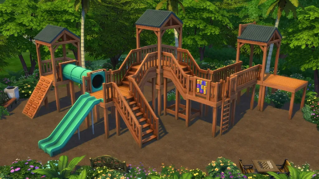 A modular, custom set of play equipment with ladders, stairs, slides, tubes, and a climbing wall.