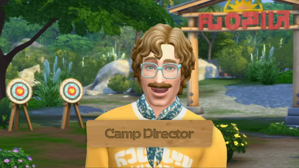 A widely smiling Sim at a camp with wavy hair and a camp uniform. A textbox underneath him says Camp Director. The background is a camp with archery.