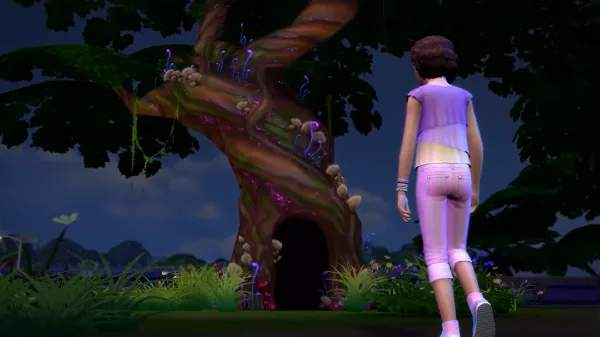 A Child Sim walking towards a magic tree in Sylvan Glade in The Sims 4.