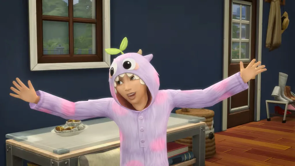 A Child Sim in The Sims 4 telling a story with their arms outstretched wearing a cartoon monster onesie.