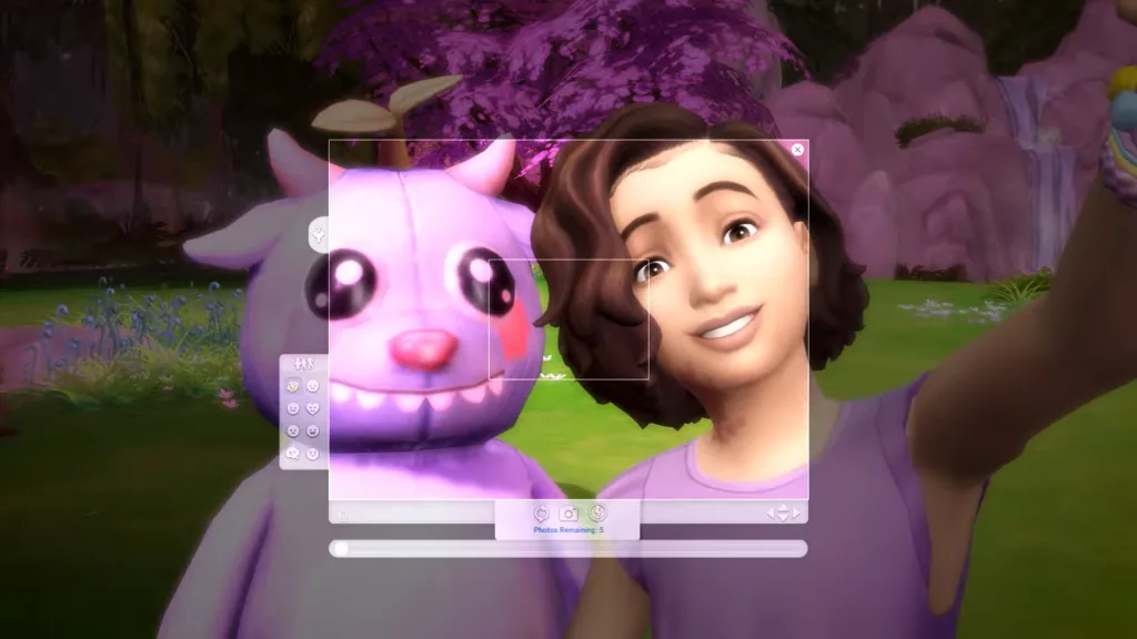 A child Sim taking a selfie with Pixel the bear in Sylvan Glade in The Sims 4. There are pink blossom trees and craggy rocks.