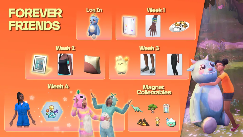The roadmap for The Sims 4's Forever Friends event, including a set of cute items themed aruond childhood. A full description of the items is in-text below.