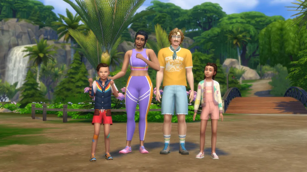 A family of four Sims stood around in a tree covered area og Gibbi Point: A competitive child with short hair, an adult woman in sports clothes, a camp counsellor man, and a child with braids looking calm.