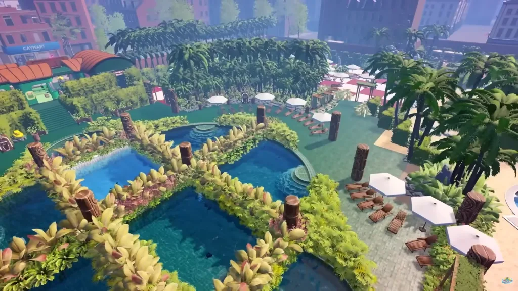 A foliage-heavy custom waterpark in Waterpark Simulator showing loungers, palm trees, and blue water.