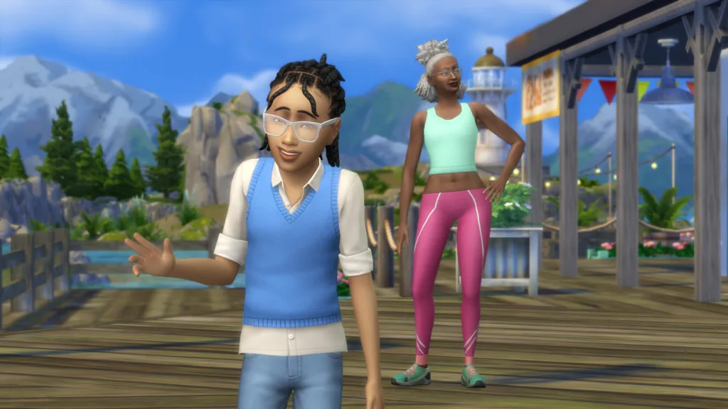 A Child Sim in the foreground wearing a knitted sweatervest with his grandma, an Elder Sim, stood in the back wearing sportswear. They're in Gibbi Point, with mountains, trees, and a lighthouse in the back.