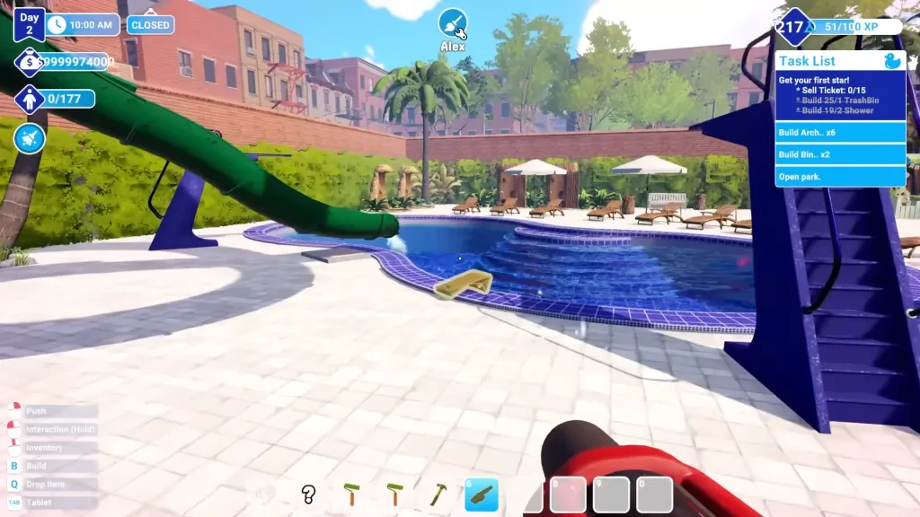 A shot of the UI in Waterpark Simulator showing income, day, time, and tasks. A swimming pool is in the back.