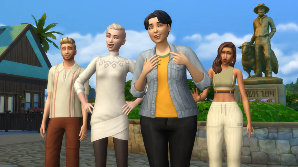 Four adult Sims stood around in Gibbi Point with a statue behind them showing a person with a sheep. They're all holding different poses with confident looks on their faces.