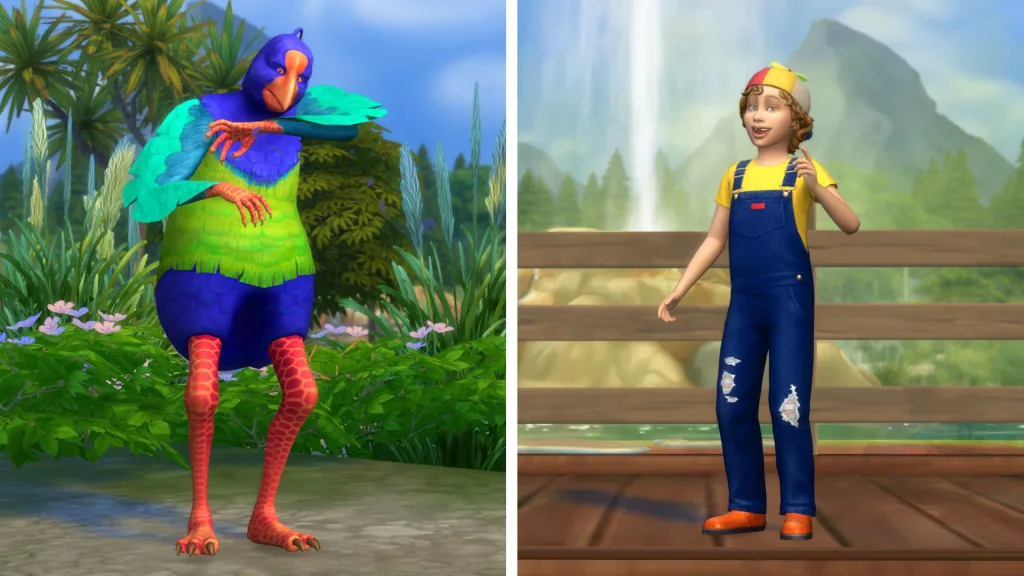 Pruella, a rainbow coloured plumbird Sim with red legs, next to Buddy Scoop, a child Sim in overalls and a spinner hat.