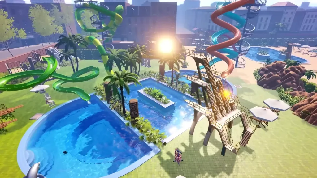 An overhead shot of a large custom waterpark in Waterpark Simulator covered in twisty pools, ladders, diving boards, and plants.