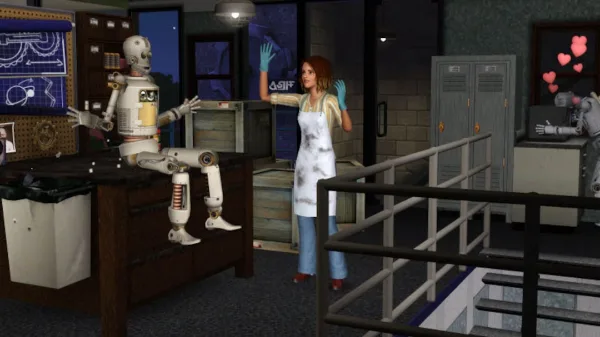 A woman in a lab coat stands in front of a robot who's sat up in surprise as if they've just been activated.