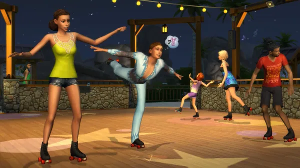 Sims at a roller rink, with some skating confidently and others awkwardly.