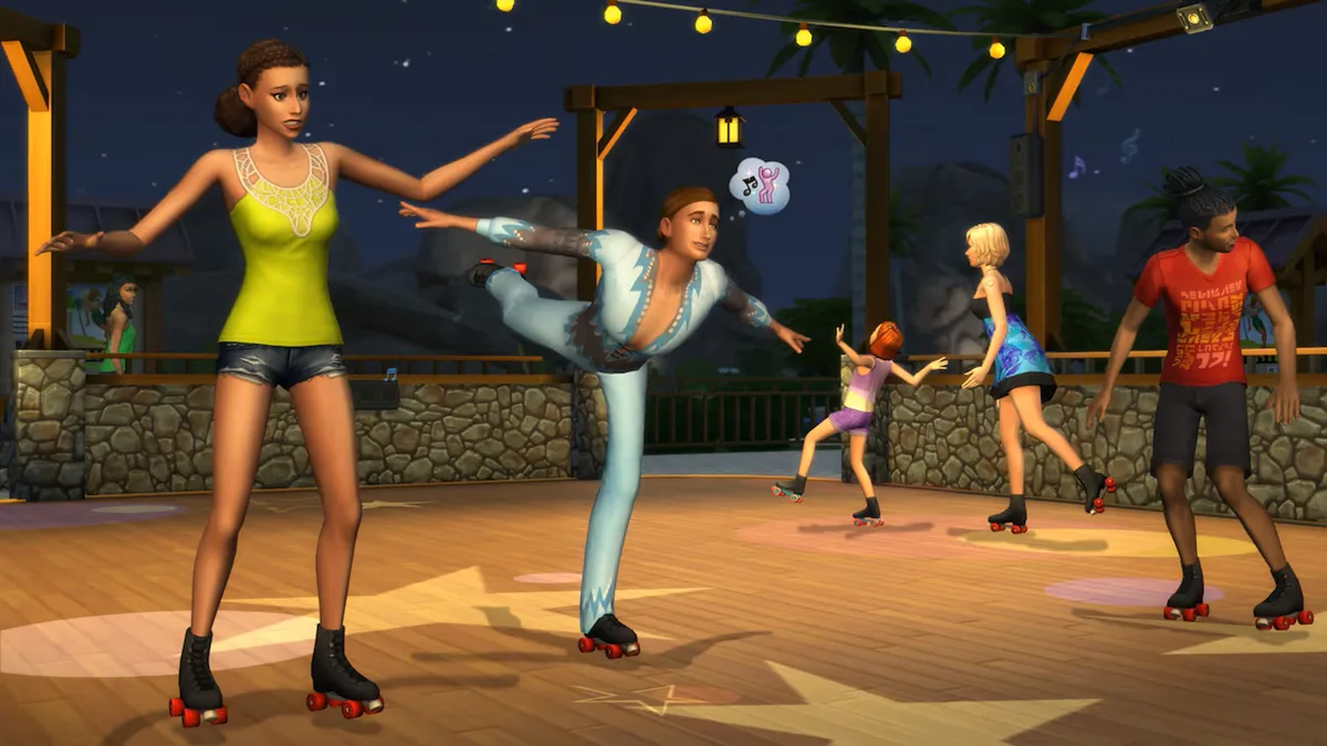 Sims at a roller rink, with some skating confidently and others awkwardly.