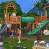 A group of children play on a large playground set with a wooden frame, plastic slide and tunnel, children play in the foreground too.