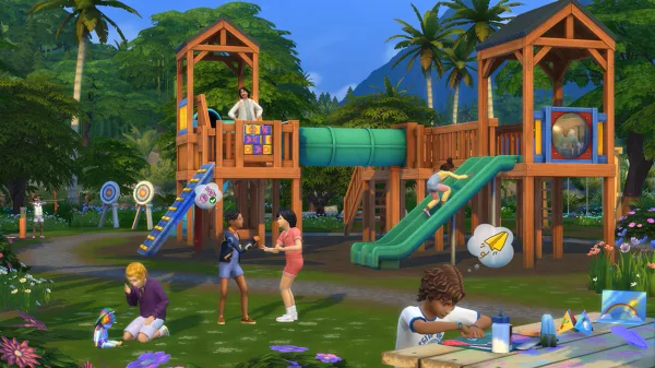 A group of children play on a large playground set with a wooden frame, plastic slide and tunnel, children play in the foreground too.