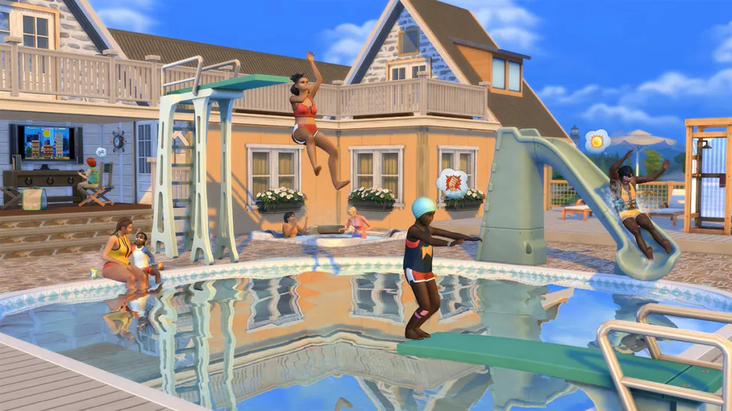 People using a pool and diving boards on a sunny day.