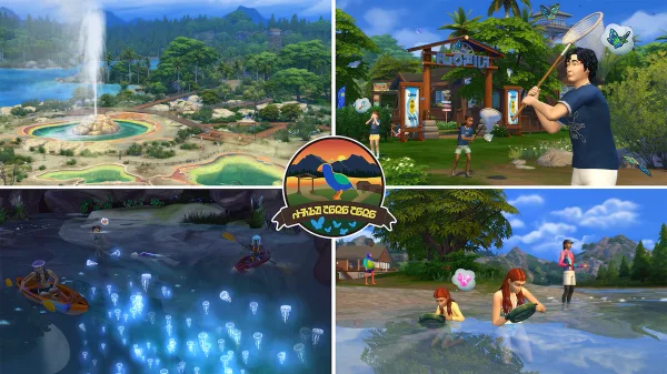 A four-part image showing various activities such as butter-fly catching and swimming all centred around a central emblem.