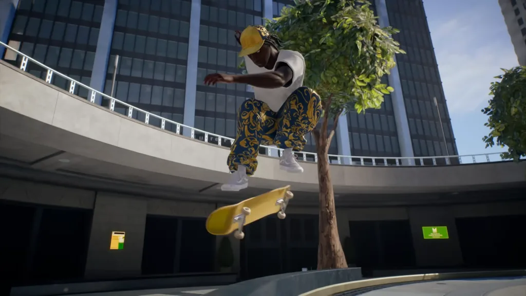 A skater in skate. flipping over a verge on an underpass in a concrete area of San Vansterdam. They're wearing yellow, green, and white.