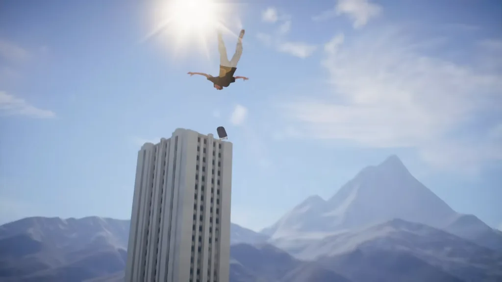 A skater flips and flies through the air over buildings towards mountains in the sun in skate. Their board drops below them.