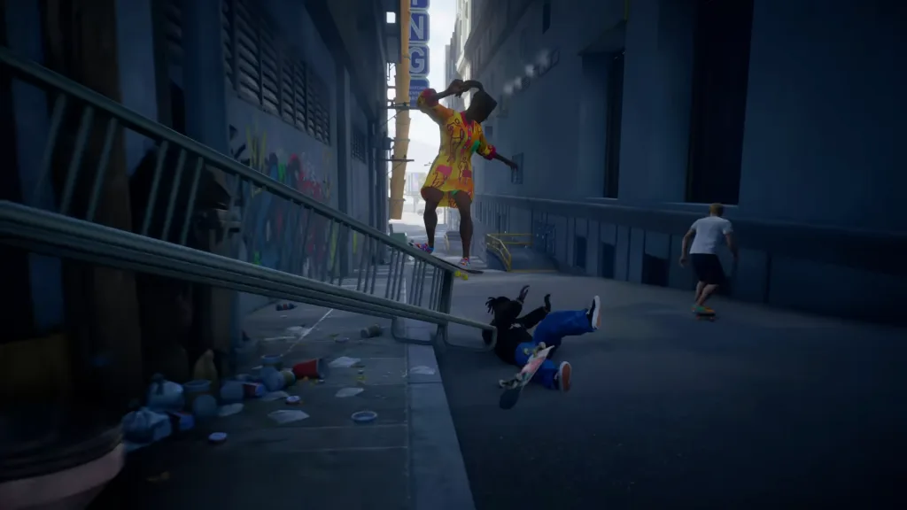 A Sim grinding on a large extendable ladder in a dim alley way. Another Sim falls off their board on the ground, while another glides down the hill.