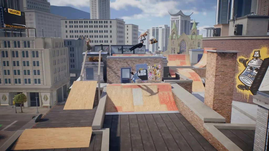 A large group of skaters in skate. skating across several ramps on a roof top, surrounded by brick walls, chimenys, and grafitti. In the background there are tall buildings, a church, and a billboard.