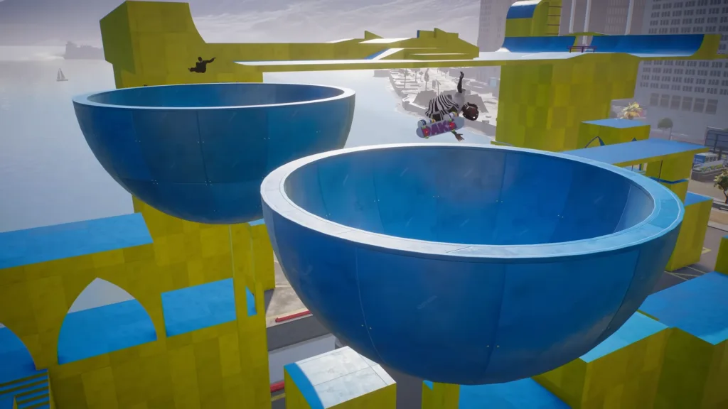 Two Sims skating around large blue bowls in the air on a yellow and blue construct in the city.