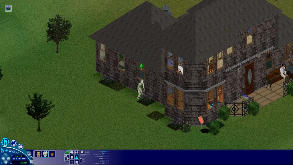 Bella Goth as a PlantSim in The Sims 1: Makin Magic. It's a wide shot of the Goth manor, where she's watering some flowers. She's bright green with a green dress and white hair.