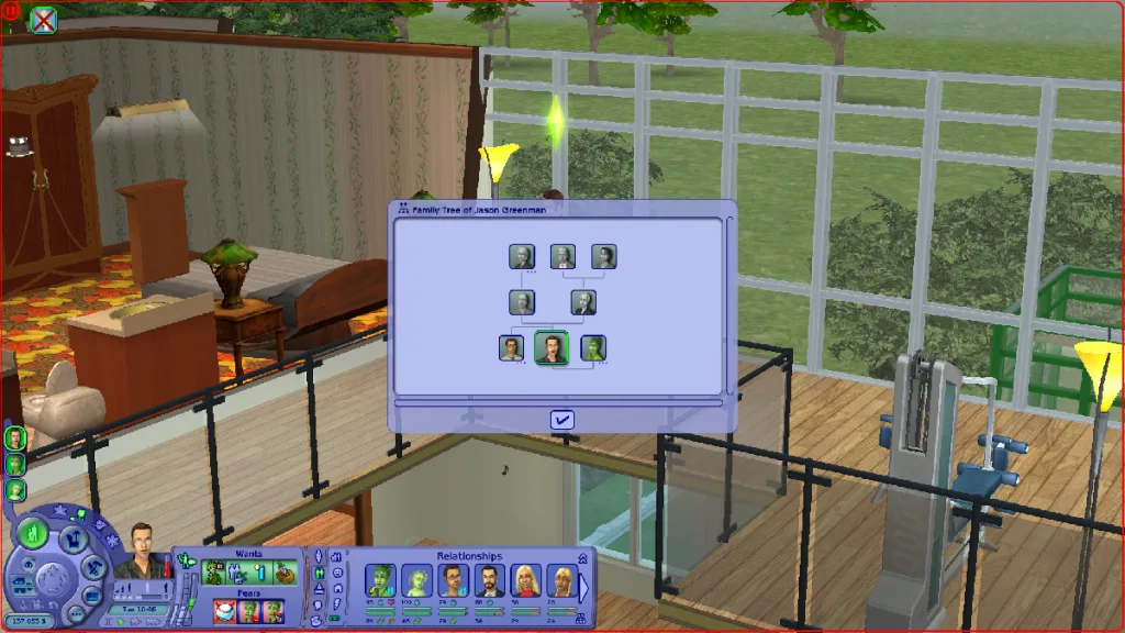 The Greenman family tree, focussed on Jason Greenman. It shows his brother, wife, parents, and grandparents. The Greenman house is in the background.