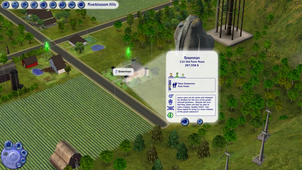 An overview shot of Riverblossom Hills showing the Greenman Household and their house from the map overview. It's a farm area with fields, treesl and windmills.