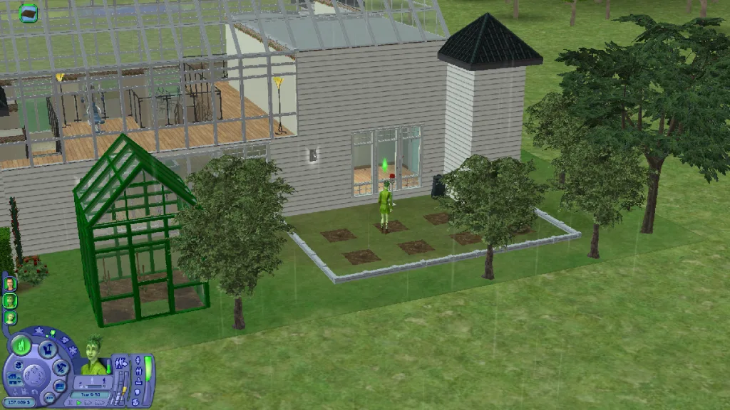 A wide shot of Rose Greenman ploughing the field outside her house, surrounded by fruit trees and a small greenhouse. It's raining and everything looks very green.