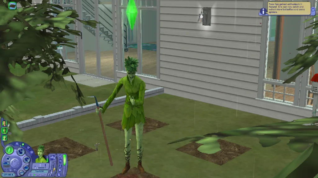 Rose Greenman, a PlantSim, is ploughing the field in the rain, holding a large tool. It's raining super hard.