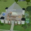 An overview shot of The Greenman Household in The Sims 2. It's a glass building that looks like a greenhouse in Riverblossom Hills.