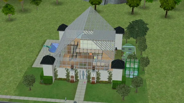 An overview shot of The Greenman Household in The Sims 2. It's a glass building that looks like a greenhouse in Riverblossom Hills.