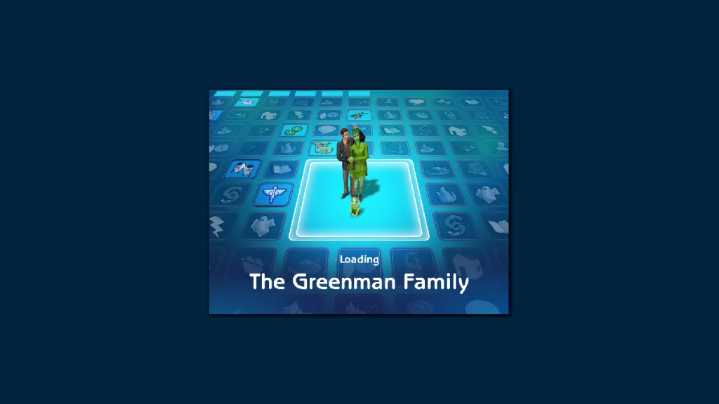 The loading screen in The Sims 2: Seasons showing the Greenman family. Jason, a human man, has his arm around his wife, Rose, who is a green PlantSim. Their oddler, daisy, sits on the floor with green skin and a white flower hat.