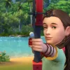 A child Sim doing archery, aiming their bow at the viewer in Gibbi Point.