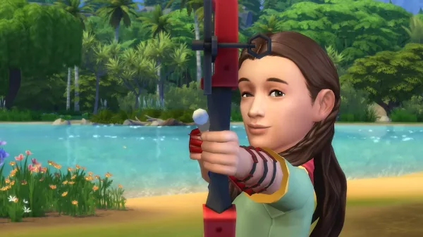 A child Sim doing archery, aiming their bow at the viewer in Gibbi Point.