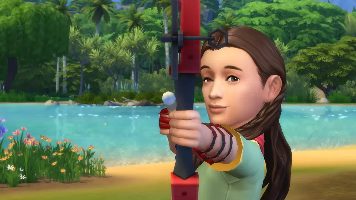 A child Sim doing archery, aiming their bow at the viewer in Gibbi Point.