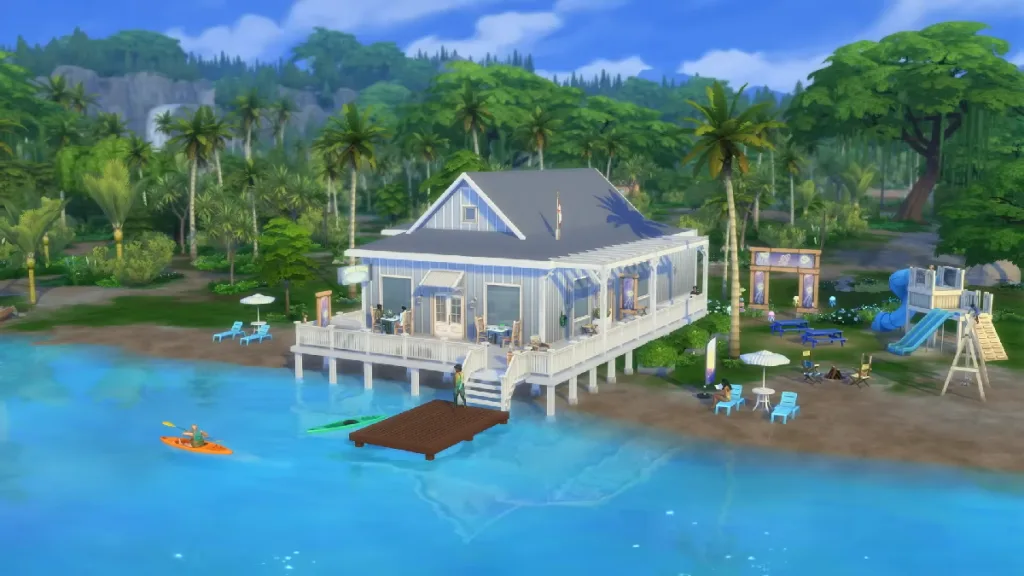 A beachfront propert in The Sims 4: Adventure Awaits showing kayaking and outdoor activities.
