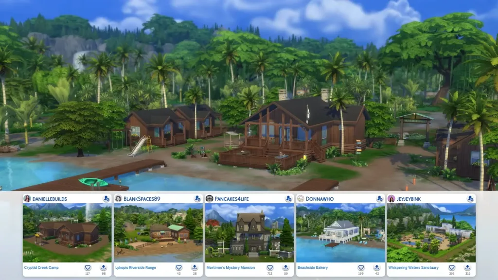 A shot showing Camp Gibbi Gibbi, a waterfront property in The Sims 4 surrounded by palm trees and cliffs.