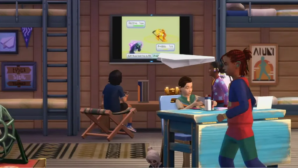 A group of Child Sims playing in a cabin at Camp Gibbi Gibbi in The Sims 4: Adventure Awaits. A paper airplane is flying while one plays VoidCritters.