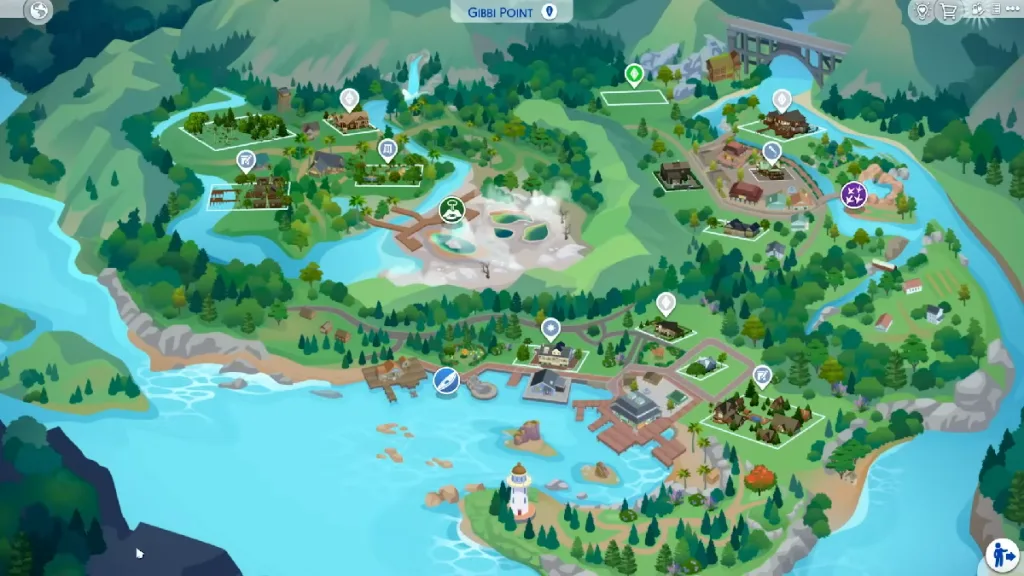 An overview of Gibbi Point, the new map in The Sims 4 Adventure Awaits. It shows many new lots, a coast, lighthouse, mountains, and a geyser.