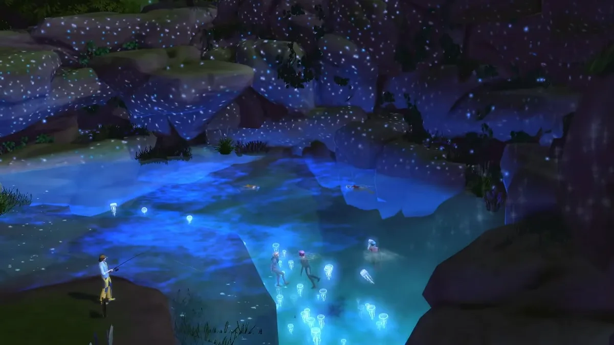 Sims in Adventure Awaits swimming around in a bioluminescent pool full of jellyfish.