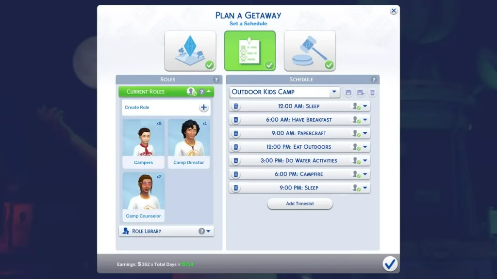 A menu in The Sims 4 Adventure Awaits showing how to plan a getaway, including roles and a schedule for activities.