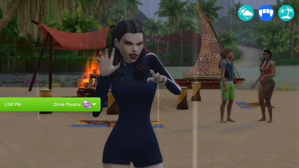 A Vampire Sim poses at the camera in Sulani while it rains. An activity says they should drink plasma.