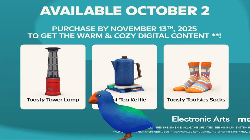 A close up of a takahe, a blue and green flightless bird, running across the screen at the bottom of the text box showing off the digital content preorder bonuses.