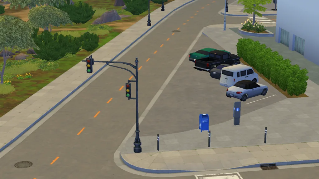 A row of cars parked in The Sims 4 off the road featuring two traffic signals. It's in San Sequoia, with trees, shrubs, postboxes, and a ticket machine visible.