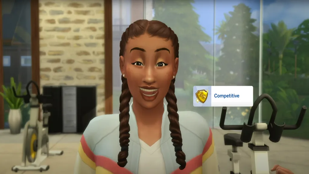 A Sim smiling at the camera in a shiny gym class with the Competitive trait shown over the top. She's cot her hair in braids and sportswear on.