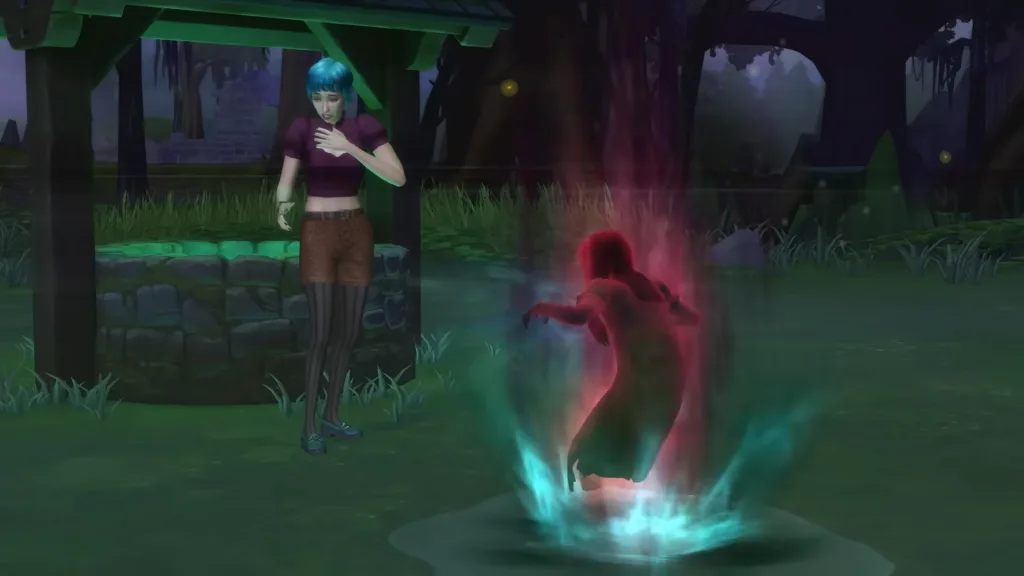 A blue-haired Sim is startled by Edith, a red ghost child, in The Sims 4: Life & Death. They're in Crow's Crossing, by the well of longing & regret. It's night.