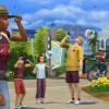 A family of five Sims of varying ages and genders hanging out together in San Sequoia. A parent stands in the foreground with an infant on their back.