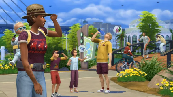 A family of five Sims of varying ages and genders hanging out together in San Sequoia. A parent stands in the foreground with an infant on their back.