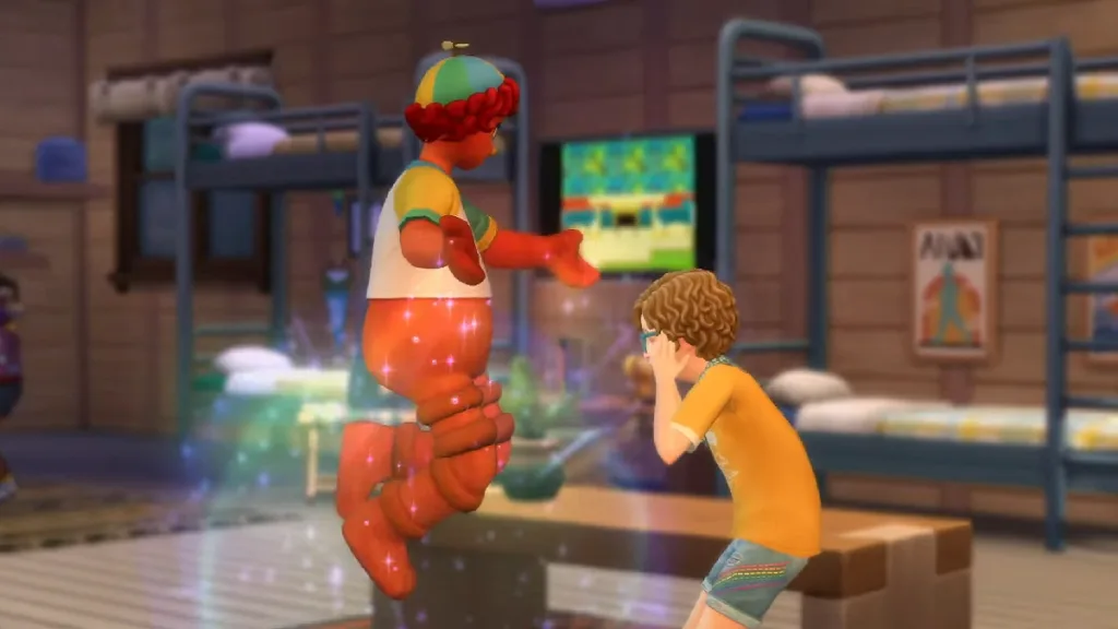 An imaginary friend who is red with red hair is coming to life in front of a child Sim in The Sims 4: Adventure Awaits. The room is a log cabin with bunk beds.